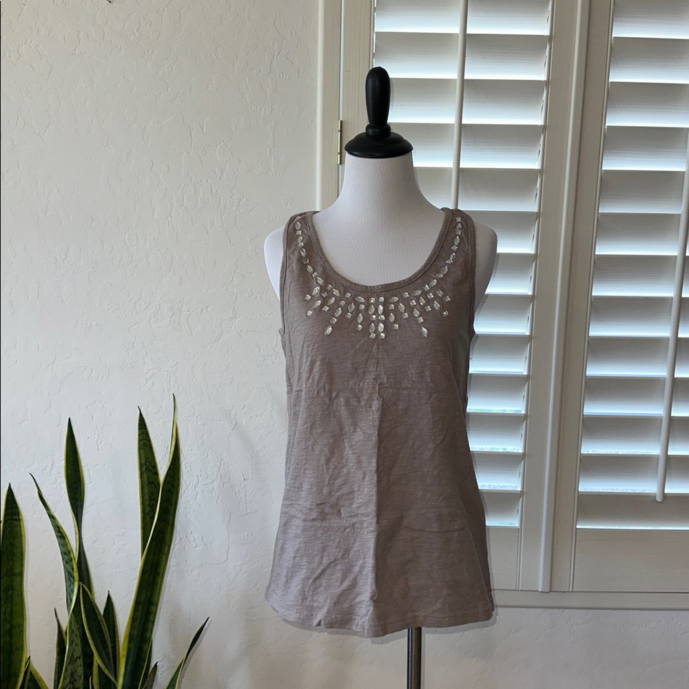 TRINITY L~EMBELLISHED TANK TOP RHINESTONE GRAY TAUPE 100% COTTON SHIRT TOP TANK